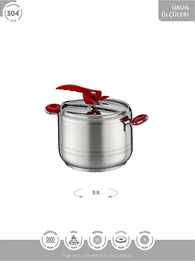 Esila 5.0 lt Düz Düdüklü Tencere kırmızı - 6
