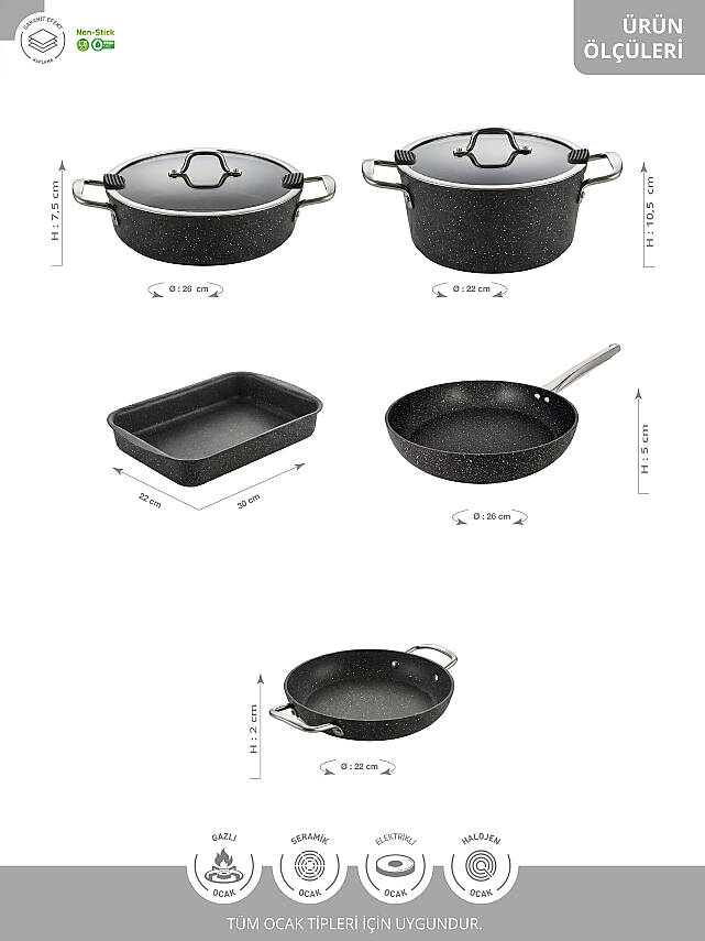 Hascevher Magda 7 Pcs Granit Full İnd. Set (22Ten/26Kar/26Tava/22Shn/30KTep) 4mm - 9